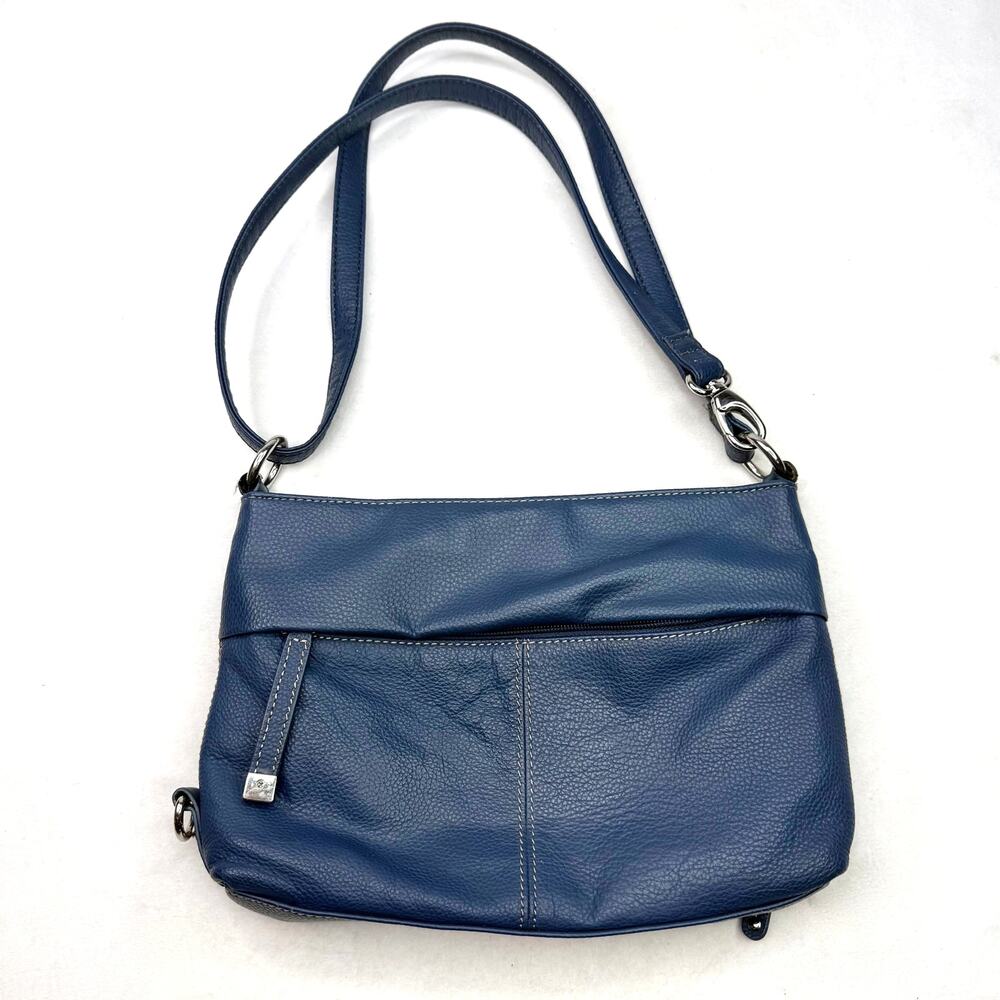 Tignanello Blue Pebble Leather Multi Pocket Organizational Crossbody Bag